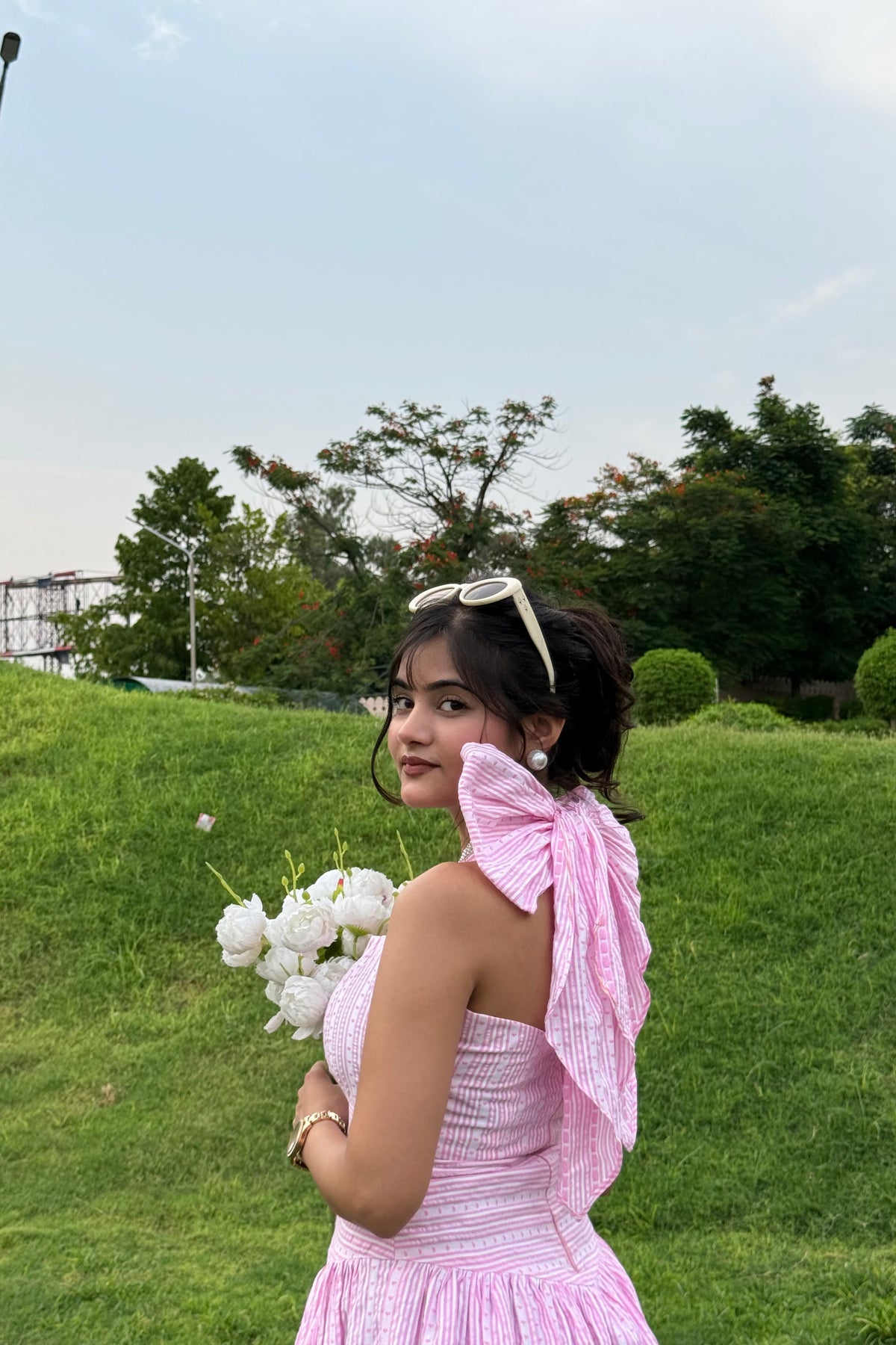 Pink & White Gingham Bow Maxi Dress