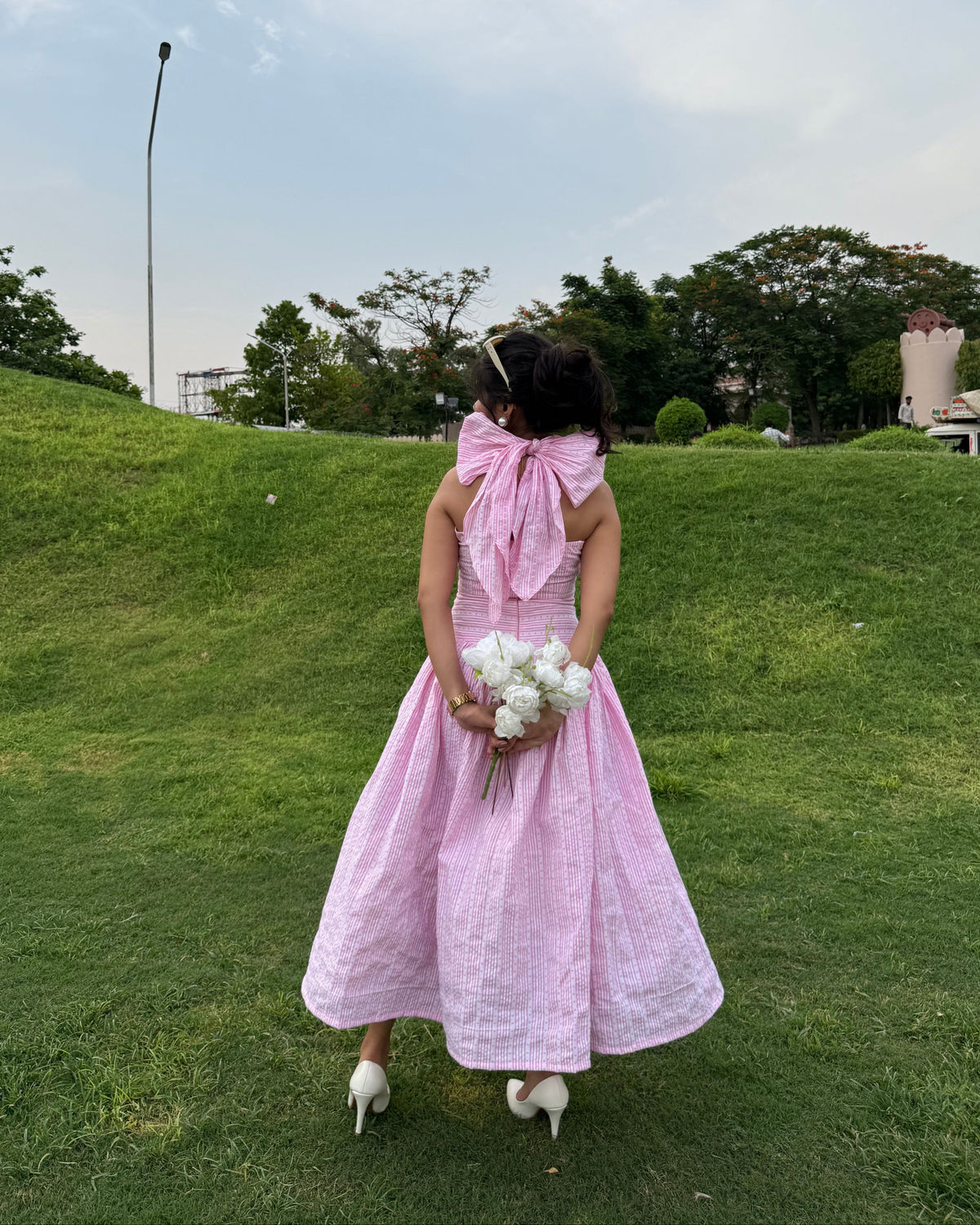 Pink & White Gingham Bow Maxi Dress