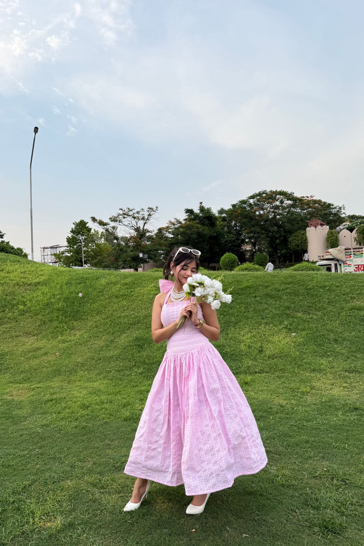 Pink & White Gingham Bow Maxi Dress