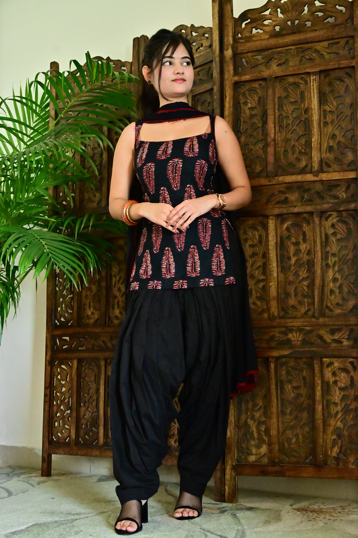 Black Block Print Patiala Suit Set with Dupatta