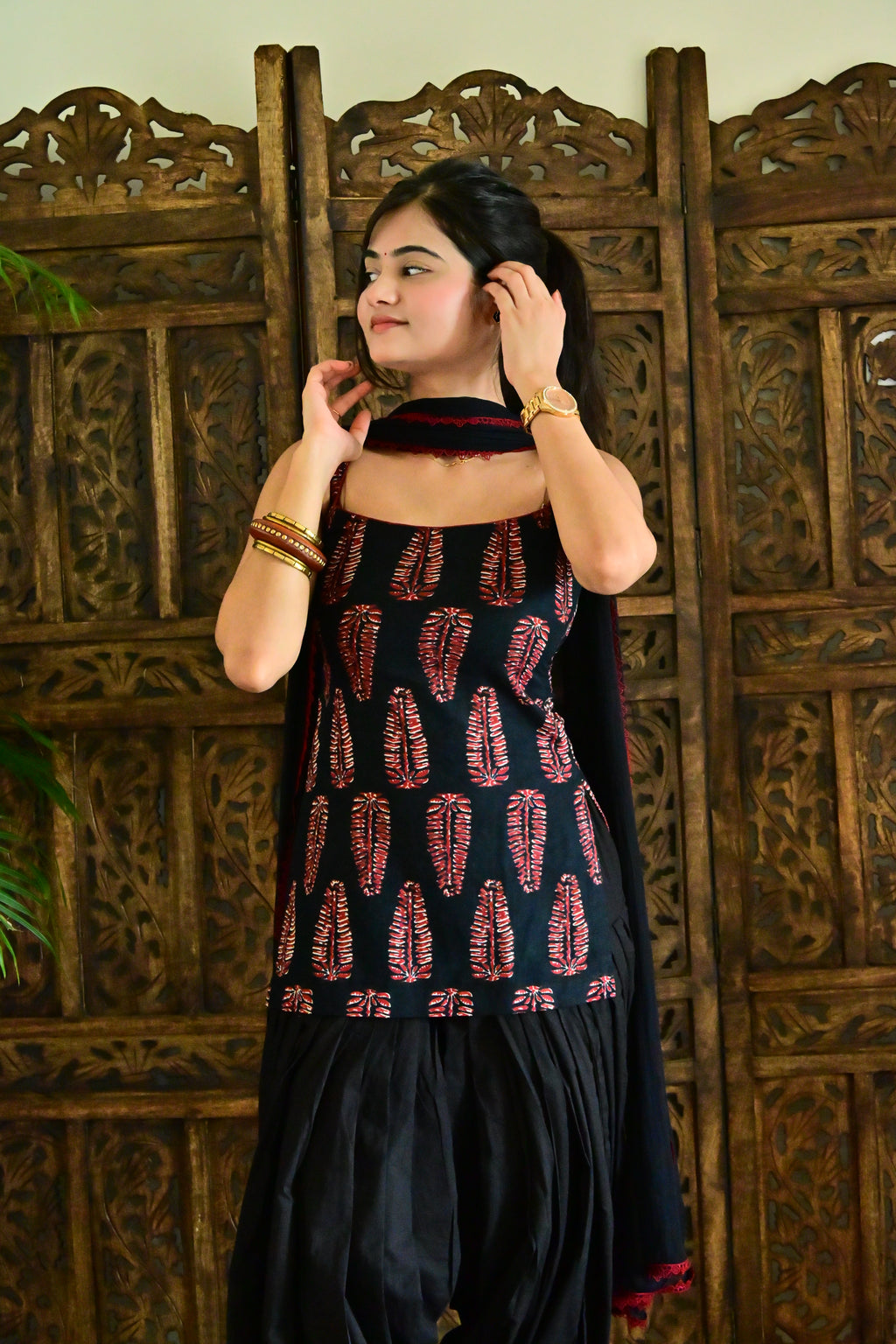 Black Block Print Patiala Suit Set with Dupatta