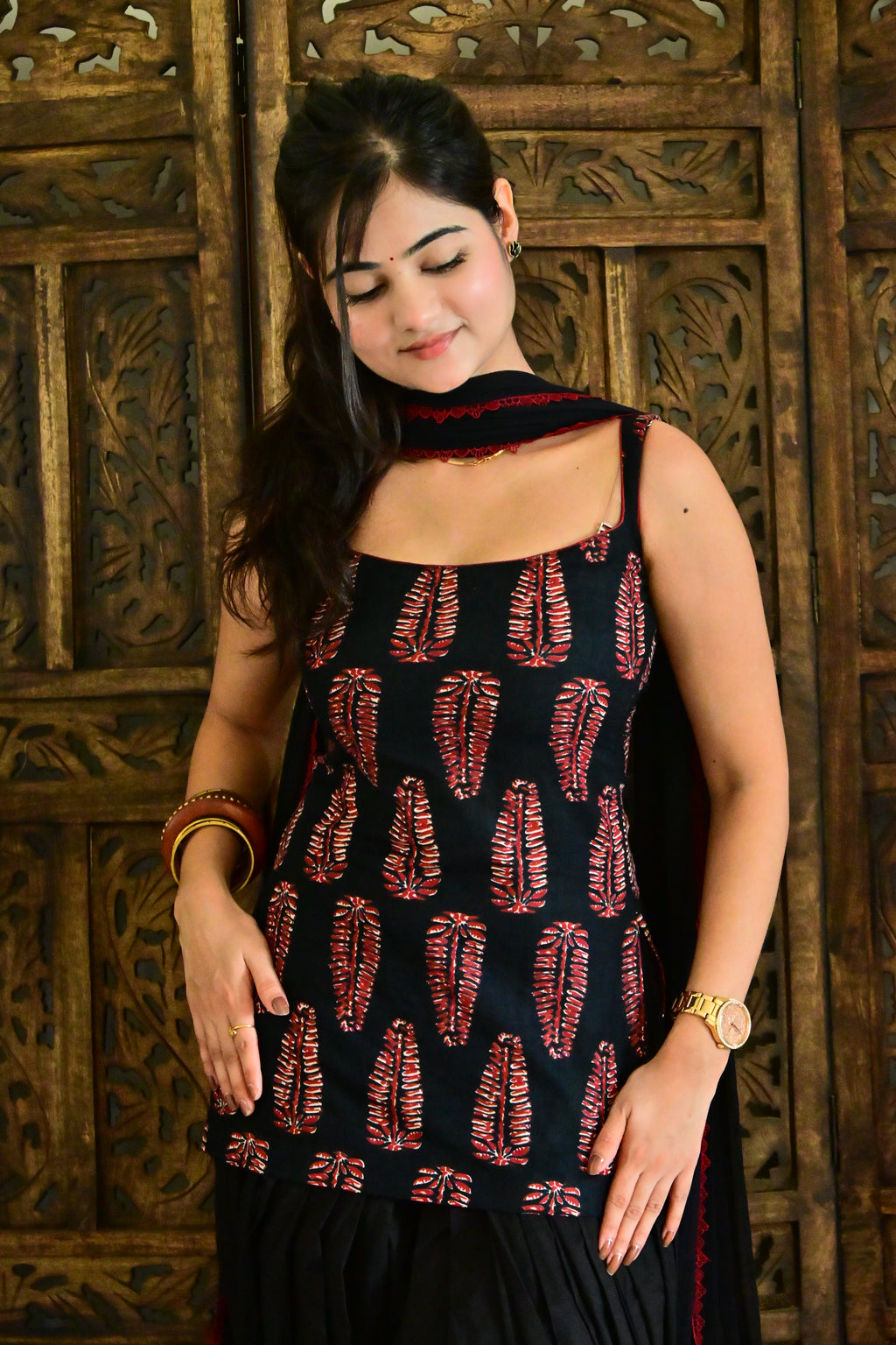 Black Block Print Patiala Suit Set with Dupatta