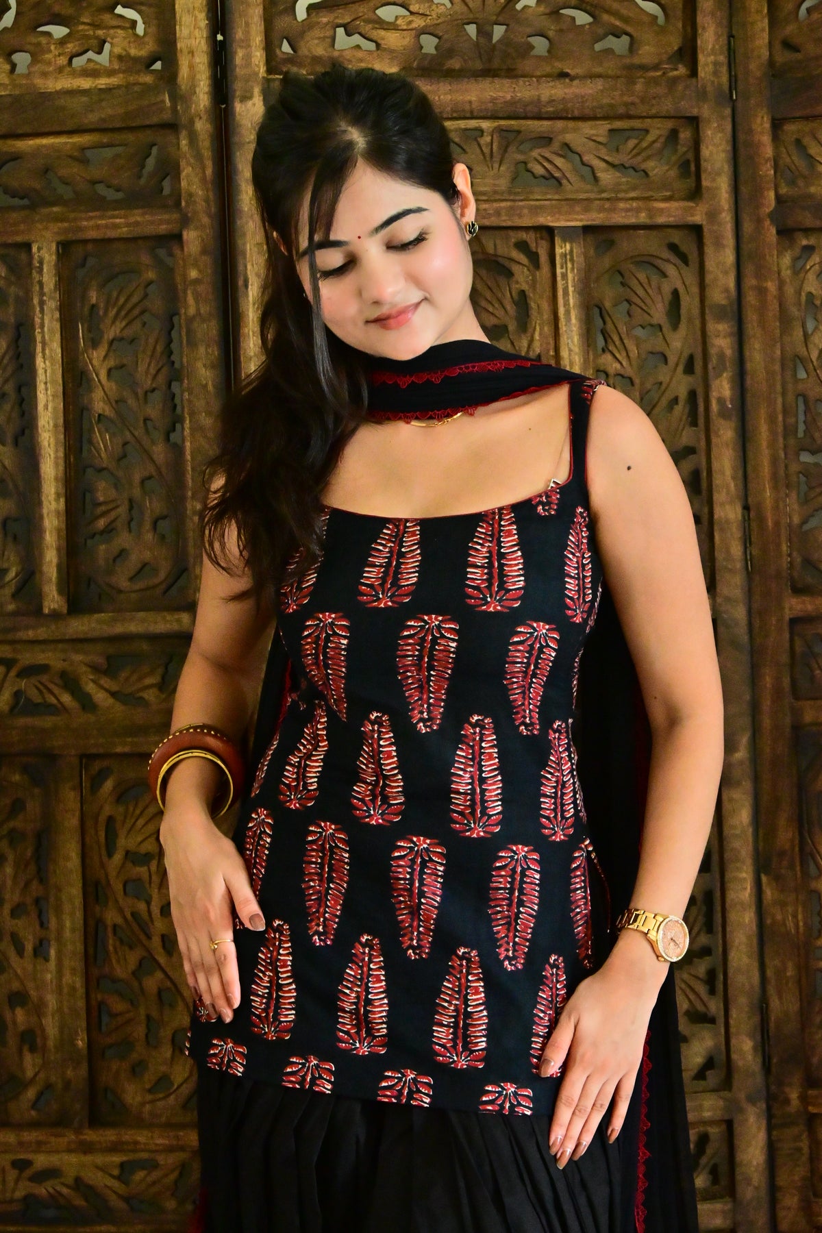 Black Block Print Patiala Suit Set with Dupatta