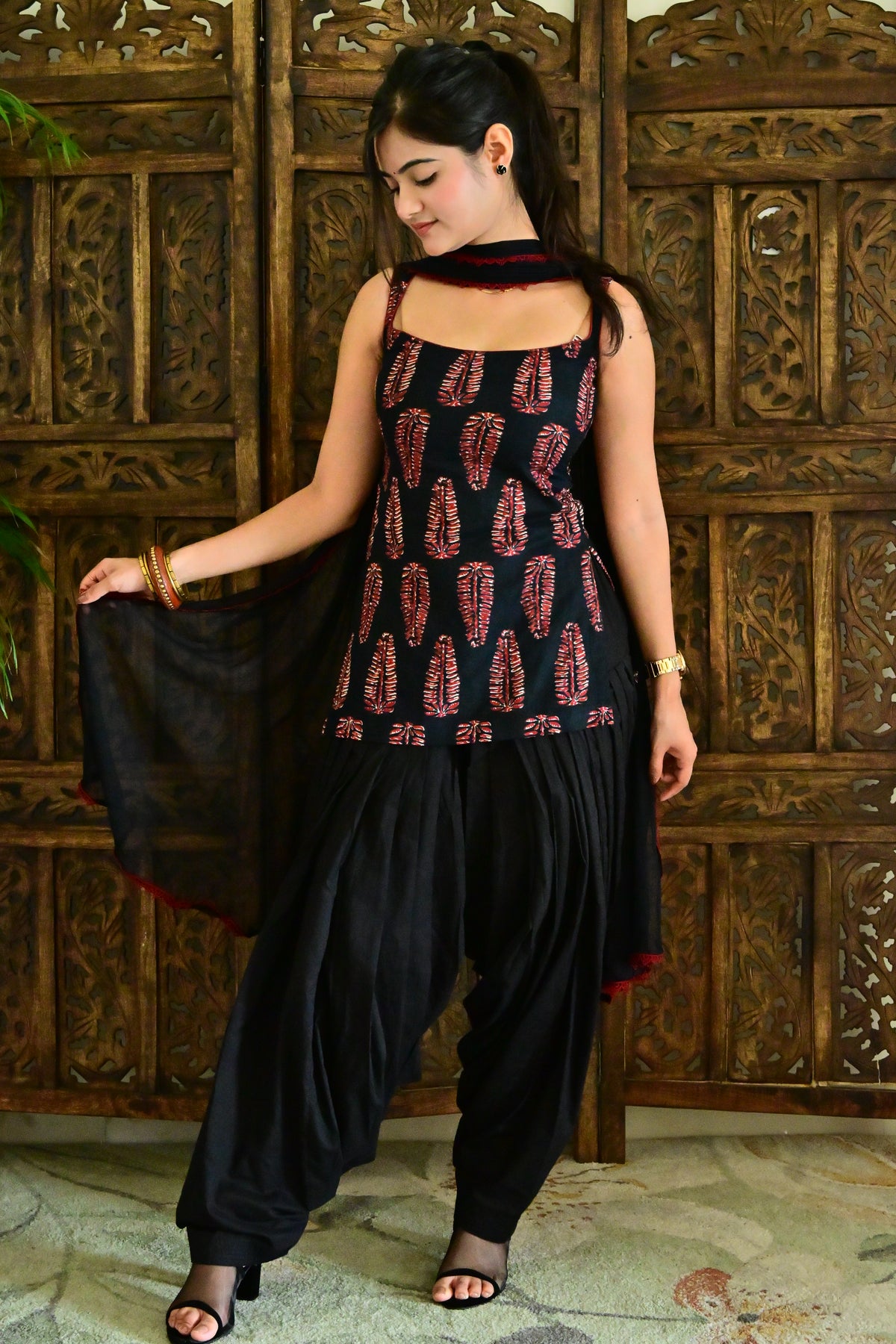 Black Block Print Patiala Suit Set with Dupatta
