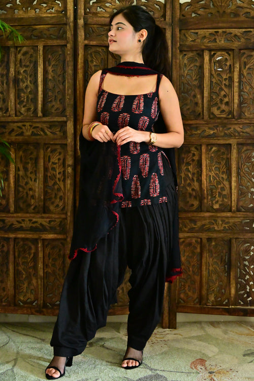Black Block Print Patiala Suit Set with Dupatta