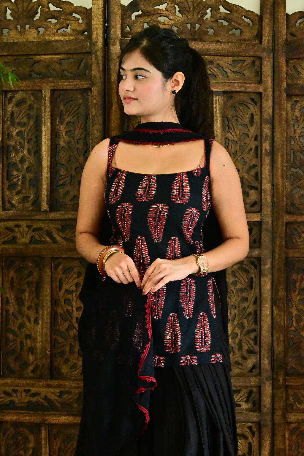Black Block Print Patiala Suit Set with Dupatta
