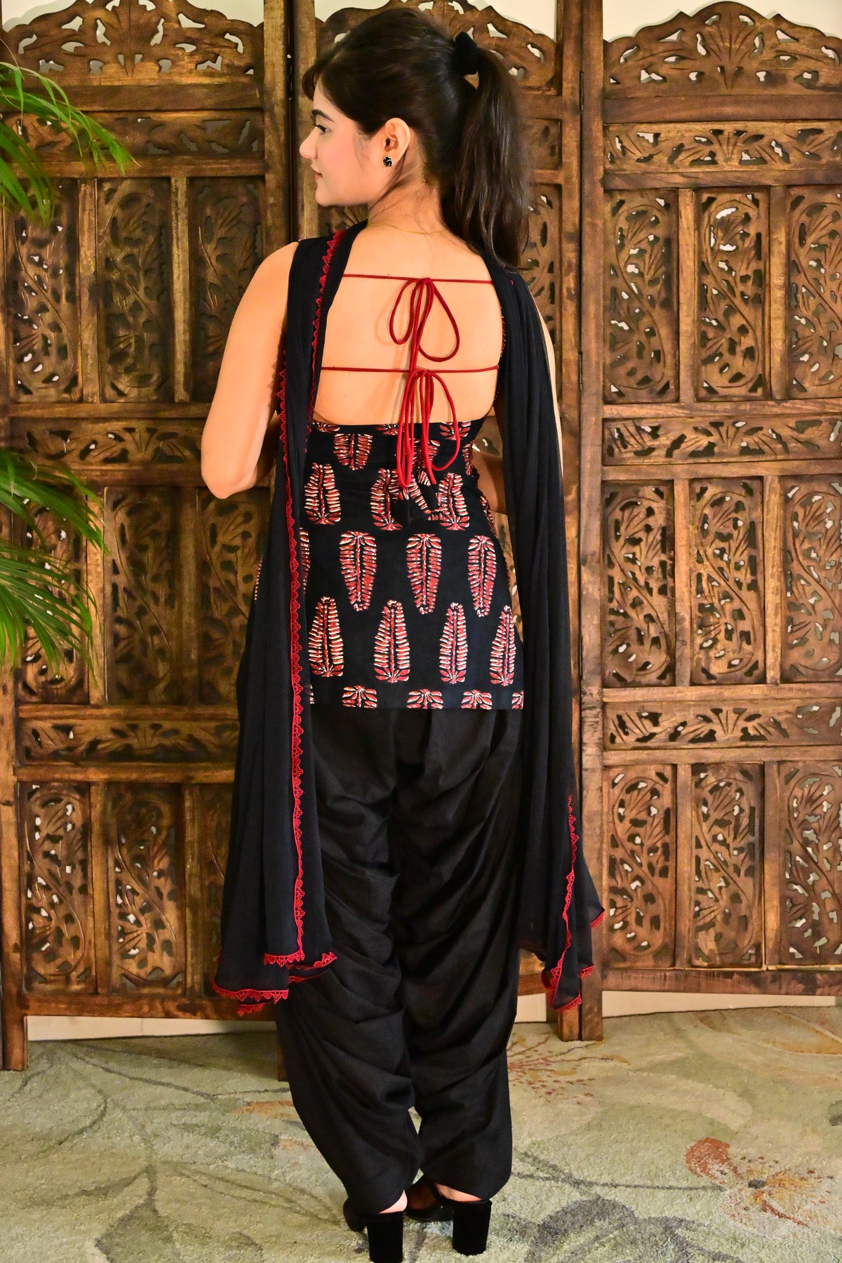 Black Block Print Patiala Suit Set with Dupatta