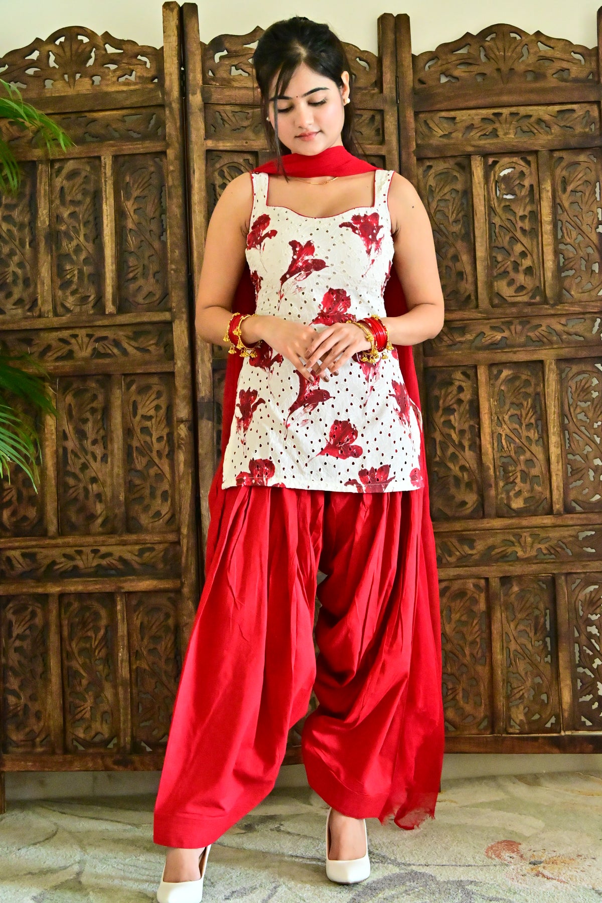 White & Red Floral Patiala Suit Set with Dupatta