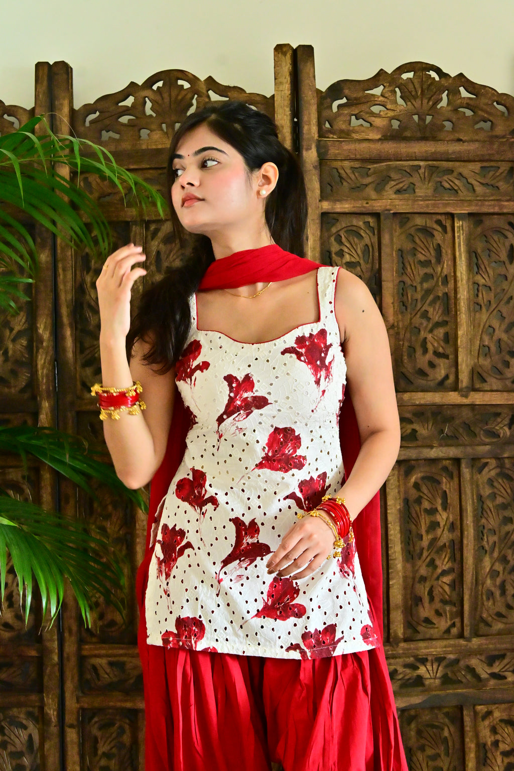 White & Red Floral Patiala Suit Set with Dupatta