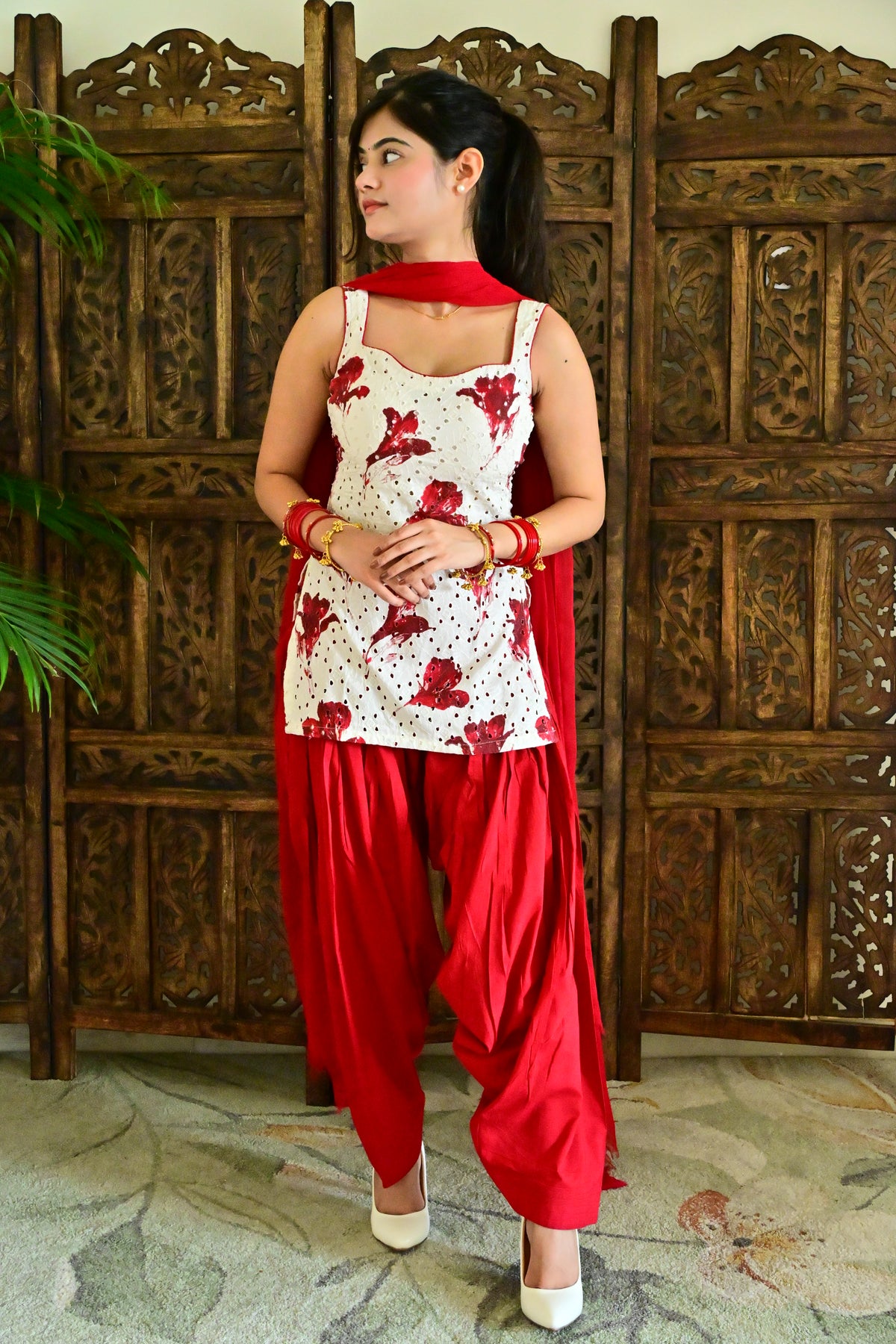White & Red Floral Patiala Suit Set with Dupatta