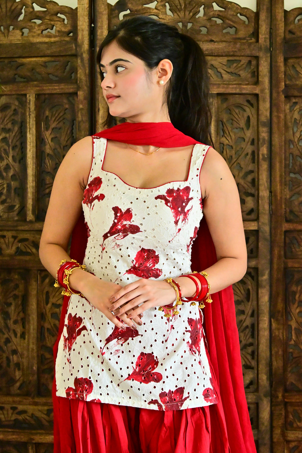 White & Red Floral Patiala Suit Set with Dupatta