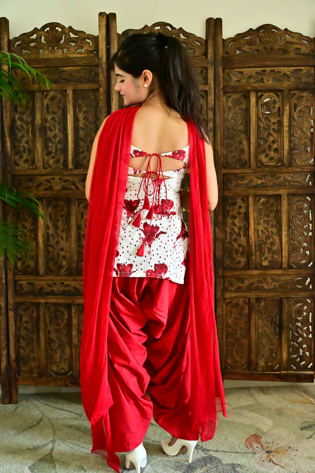 White & Red Floral Patiala Suit Set with Dupatta