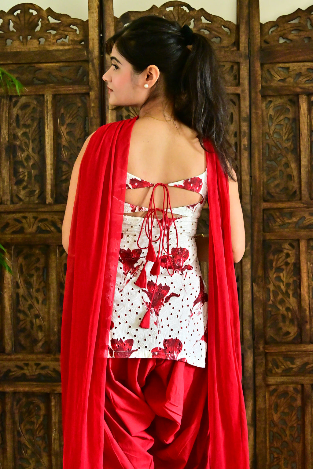 White & Red Floral Patiala Suit Set with Dupatta
