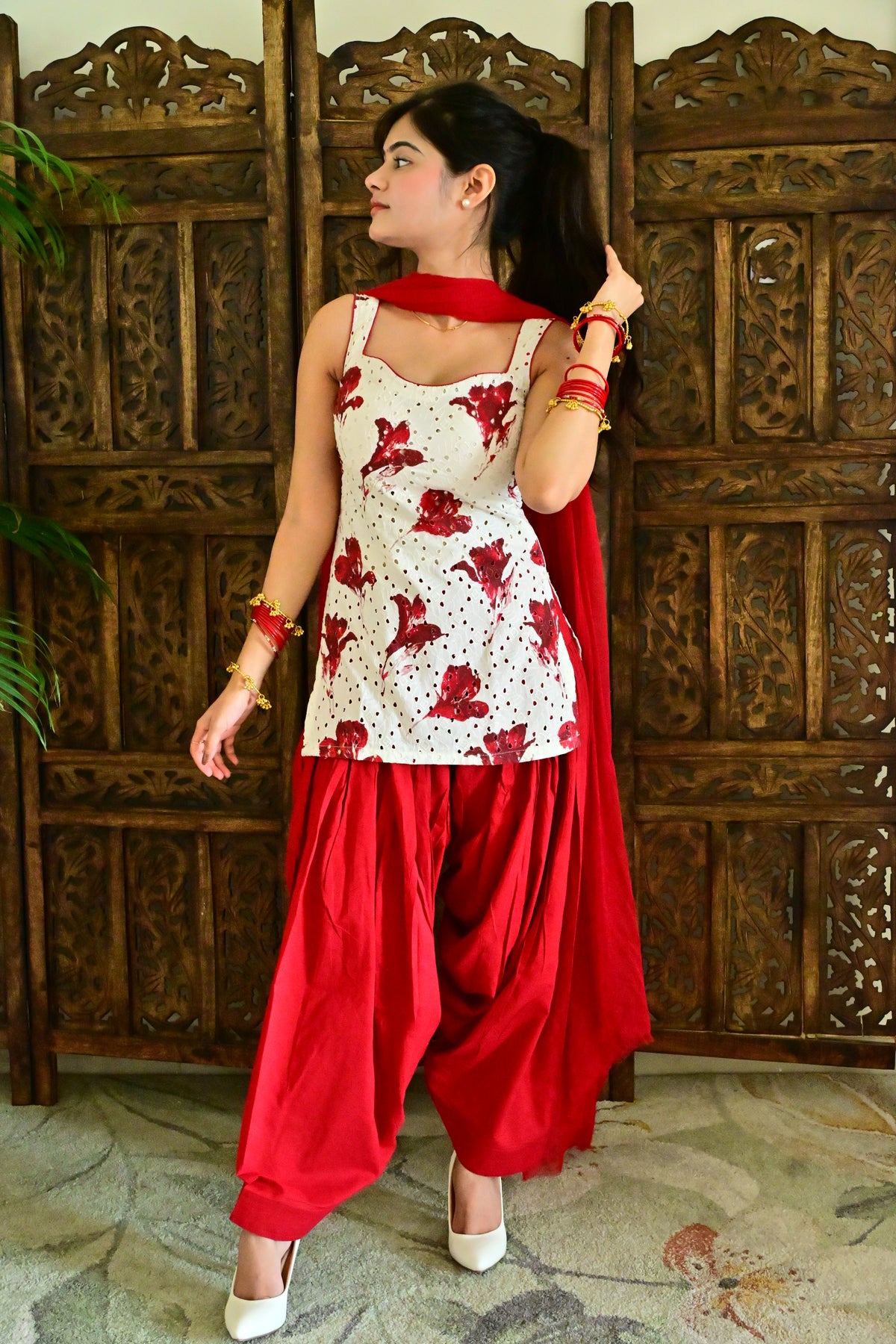 White & Red Floral Patiala Suit Set with Dupatta