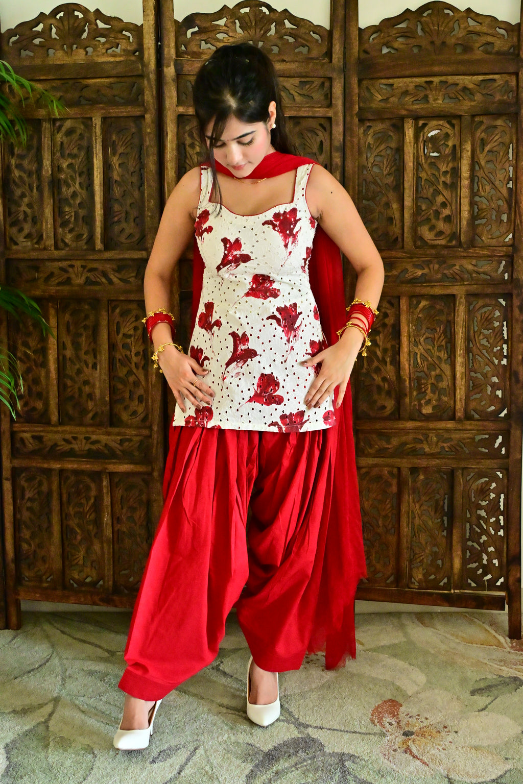 White & Red Floral Patiala Suit Set with Dupatta