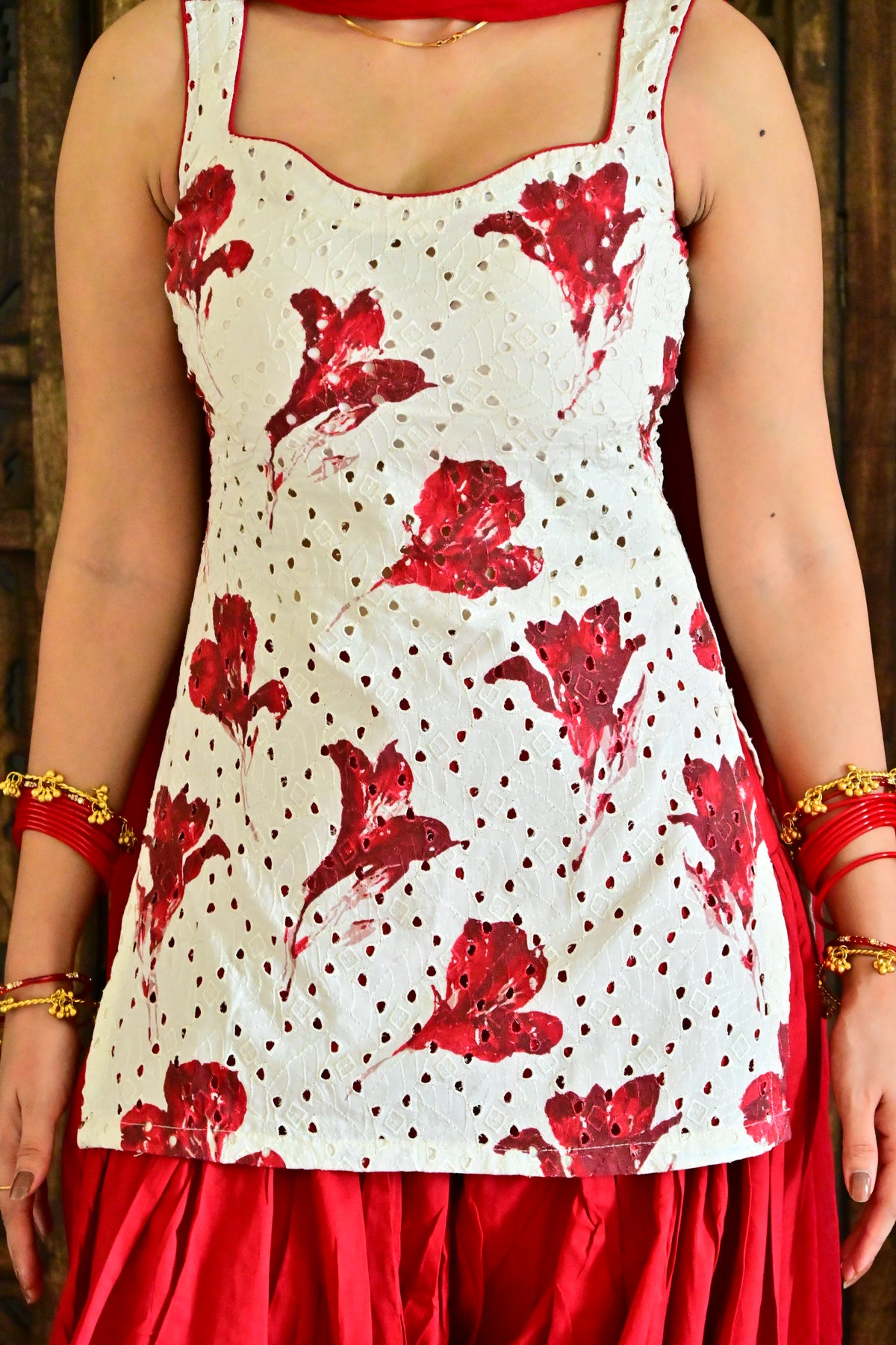 White & Red Floral Patiala Suit Set with Dupatta