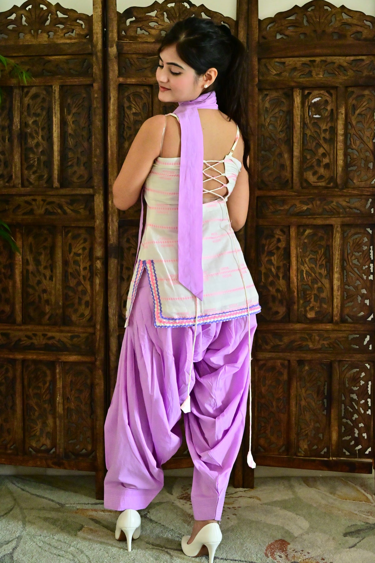 Lavender & White Strappy Patiala Suit with Dupatta
