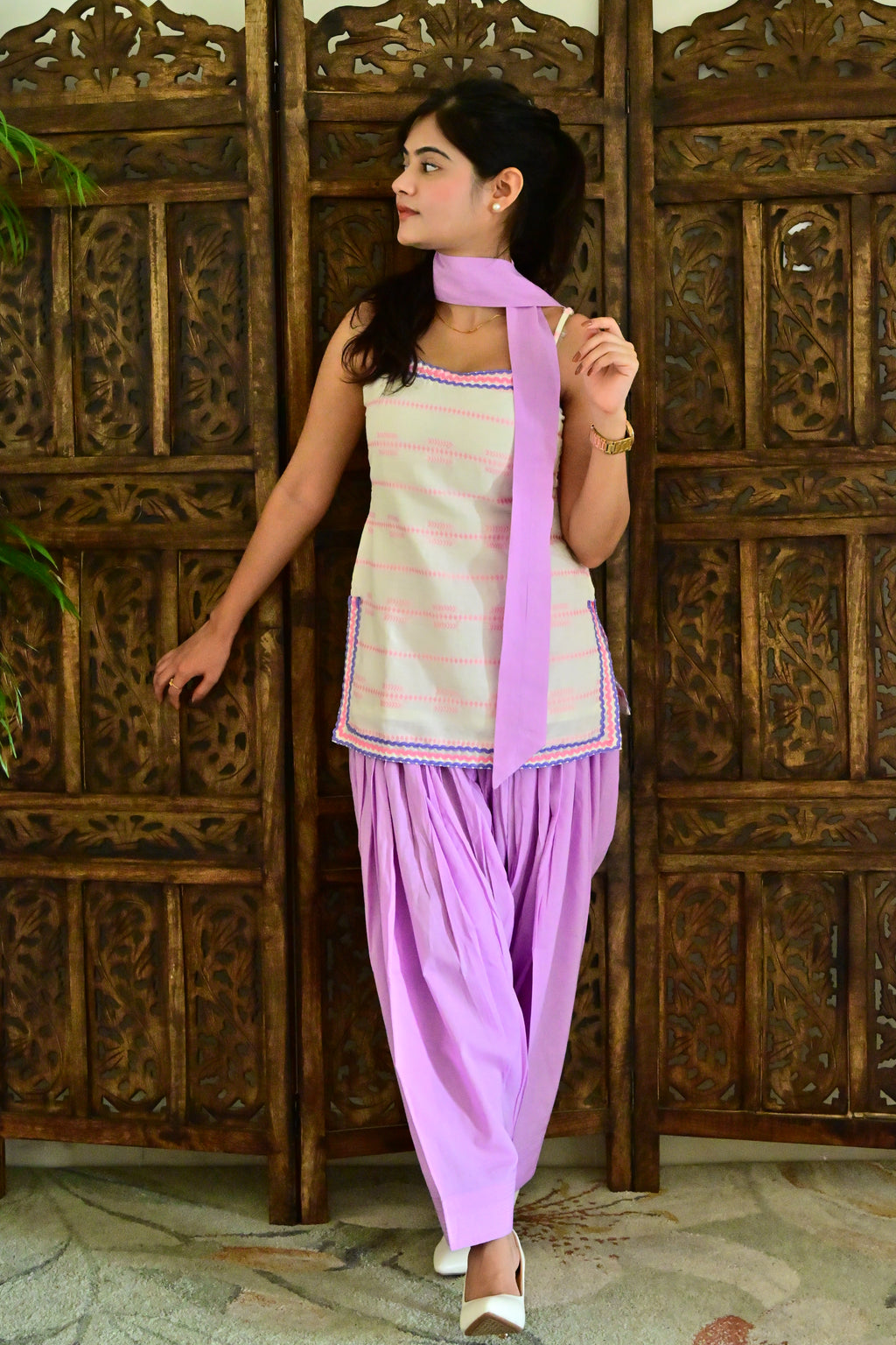 Lavender & White Strappy Patiala Suit with Dupatta