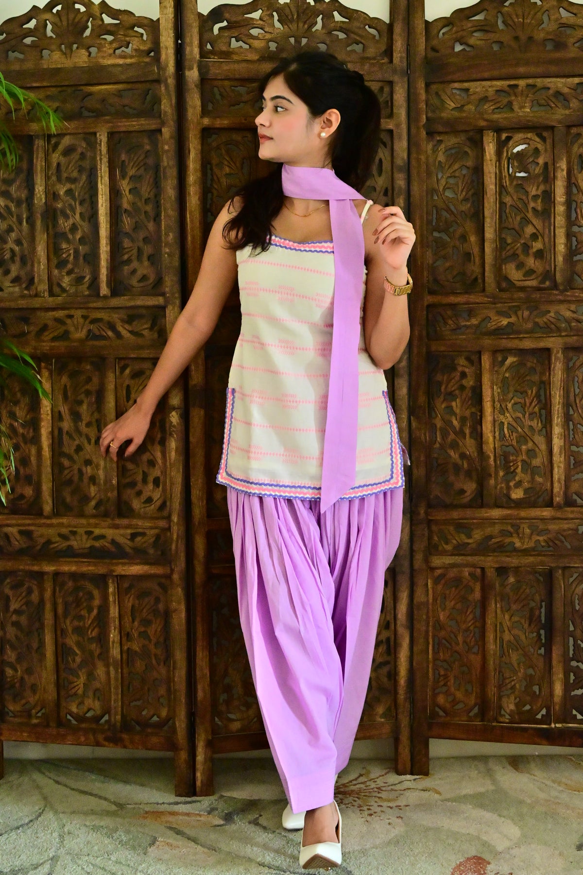 Lavender & White Strappy Patiala Suit with Dupatta