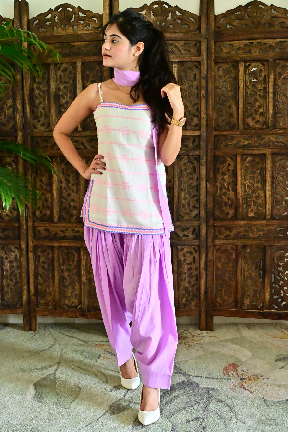 Lavender & White Strappy Patiala Suit with Dupatta