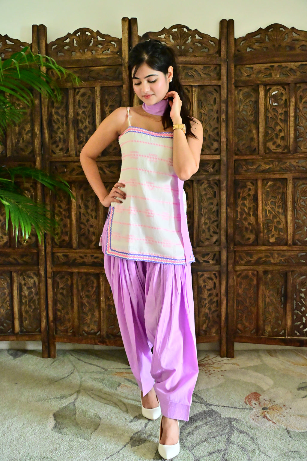 Lavender & White Strappy Patiala Suit with Dupatta
