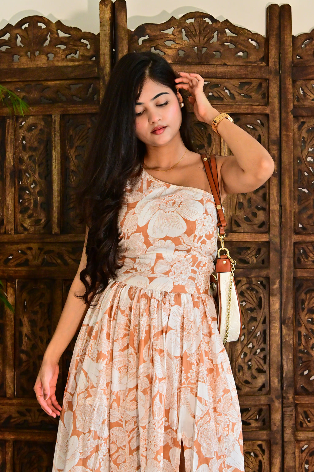 Beige & White One-Shoulder Floral Midi Dress