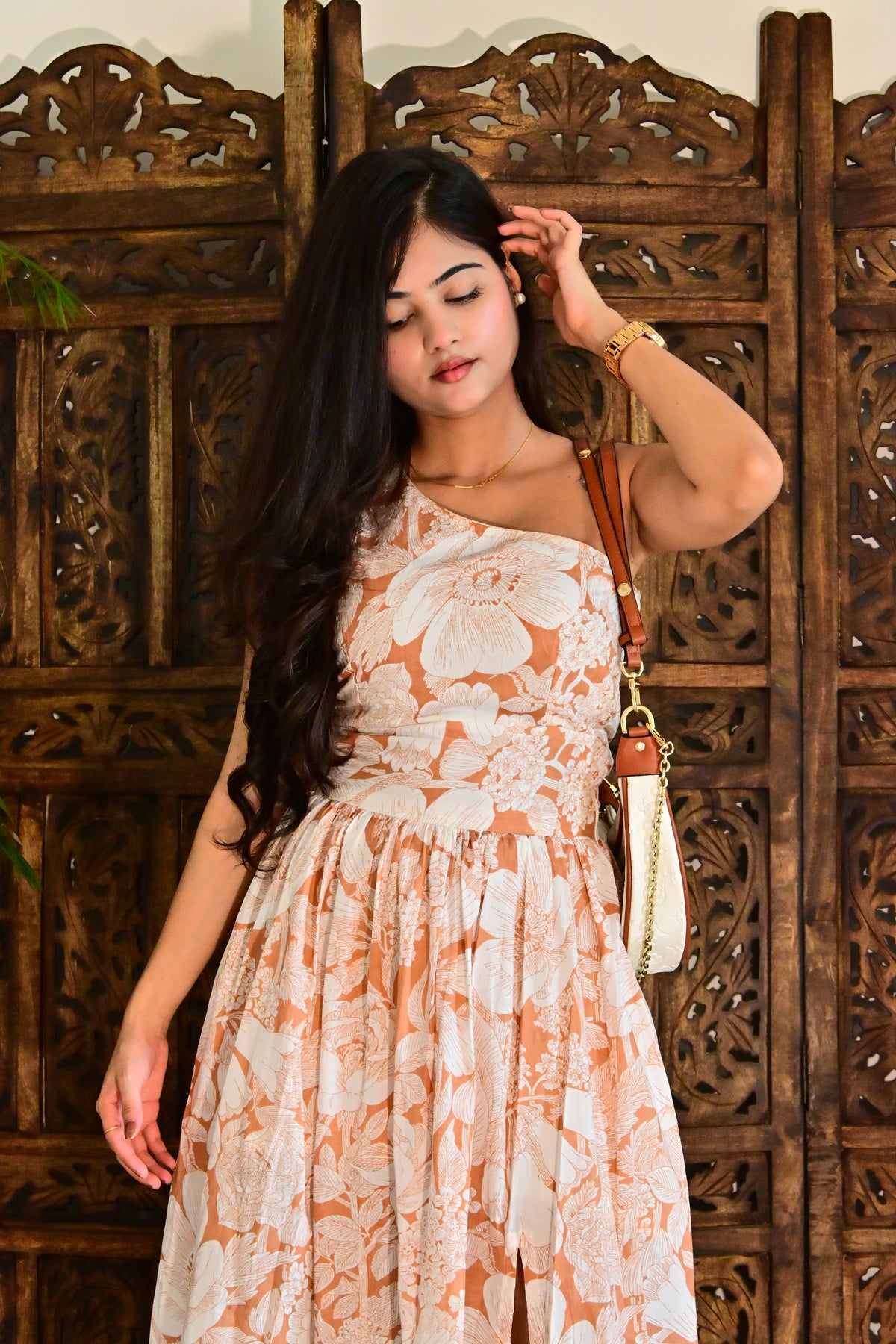 Beige & White One-Shoulder Floral Midi Dress