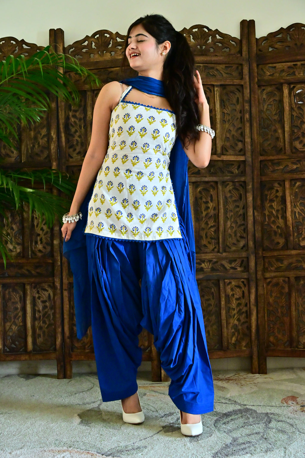 White & Royal Blue Floral Patiala Suit with Dupatta
