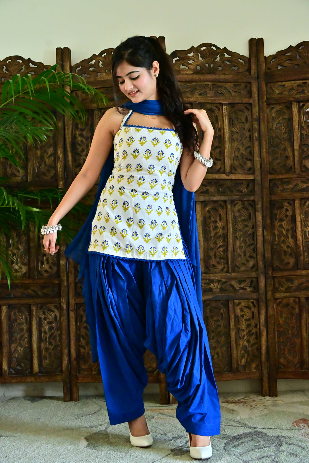 White & Royal Blue Floral Patiala Suit with Dupatta