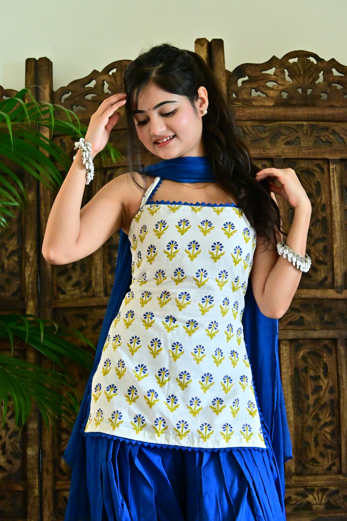 White & Royal Blue Floral Patiala Suit with Dupatta