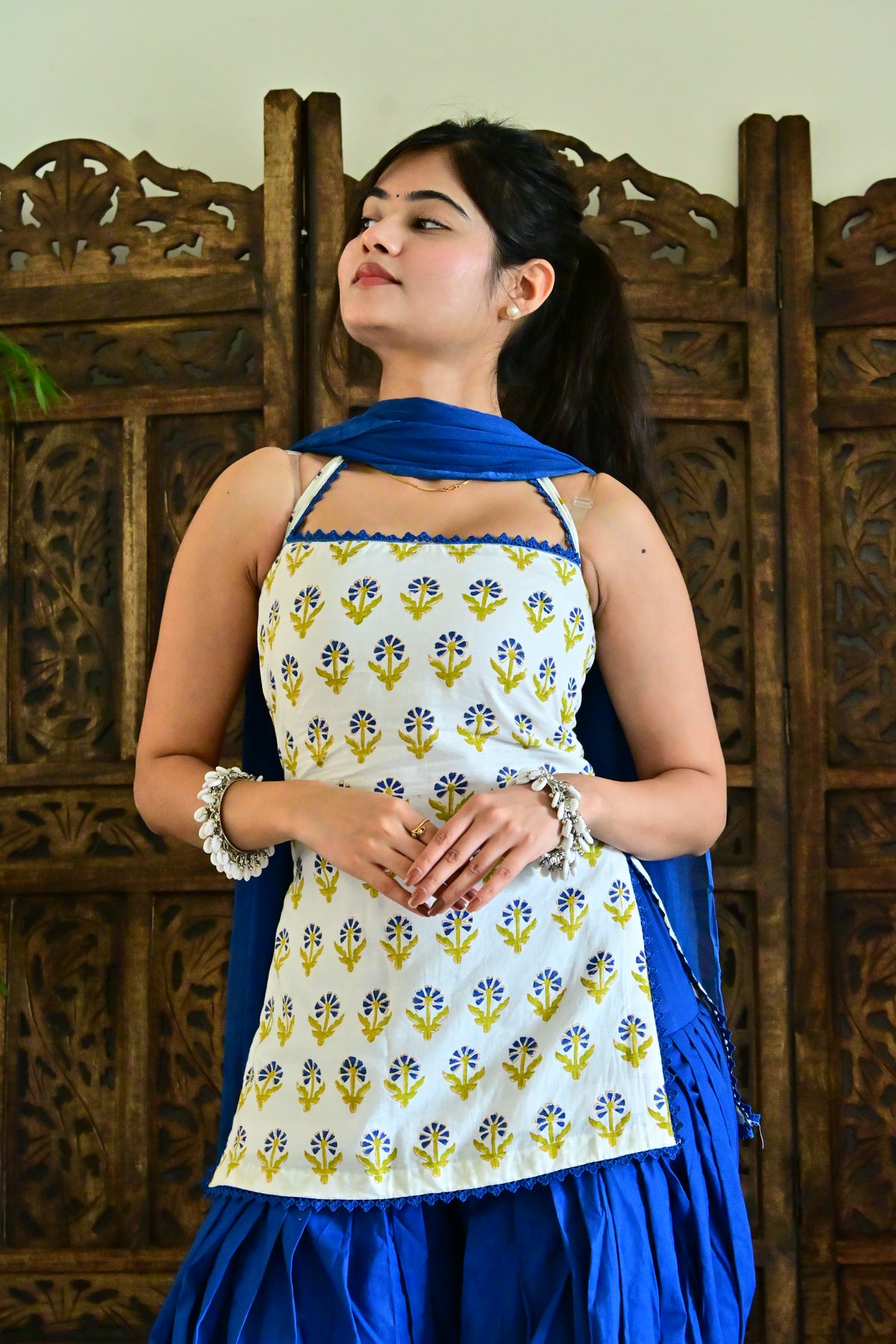 White & Royal Blue Floral Patiala Suit with Dupatta