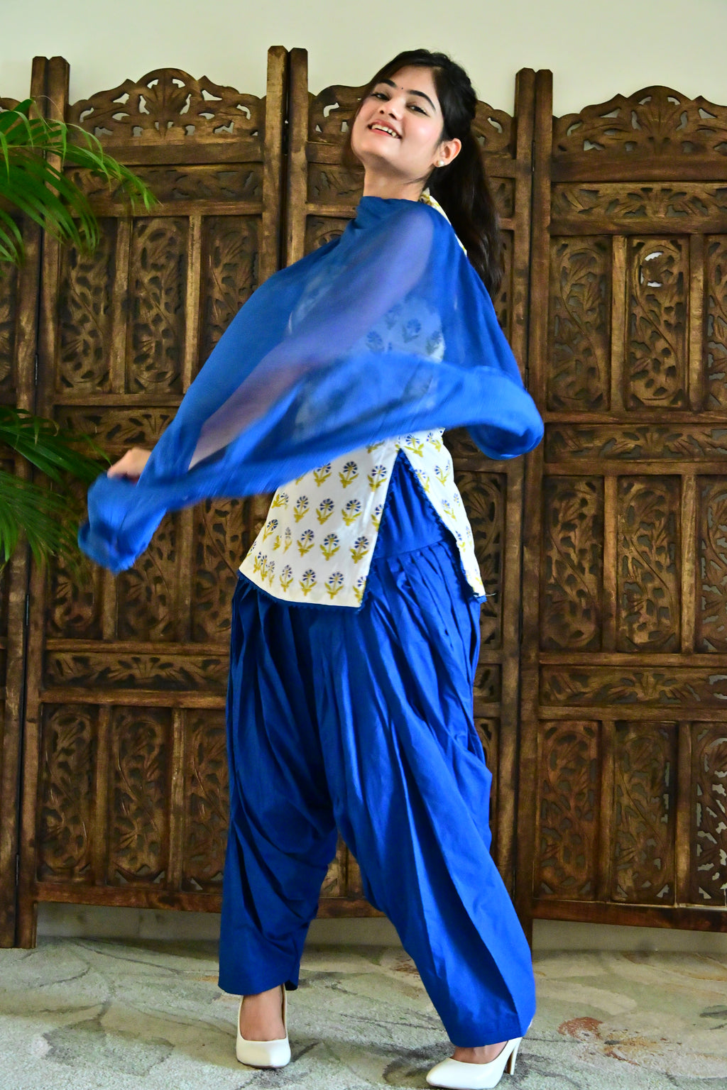 White & Royal Blue Floral Patiala Suit with Dupatta