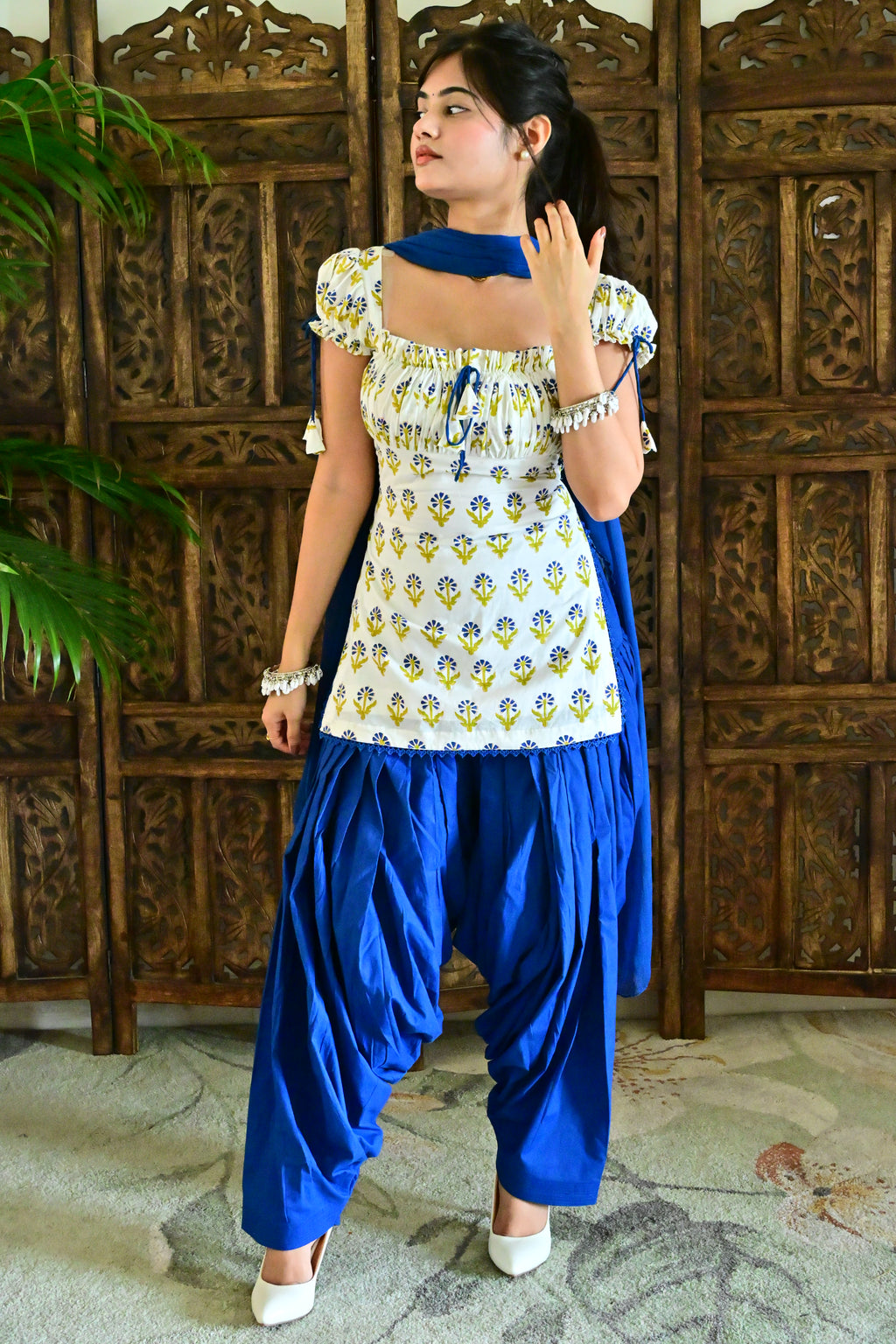White & Royal Blue Floral Patiala Suit with Dupatta