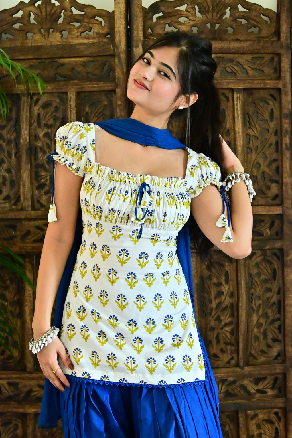 White & Royal Blue Floral Patiala Suit with Dupatta
