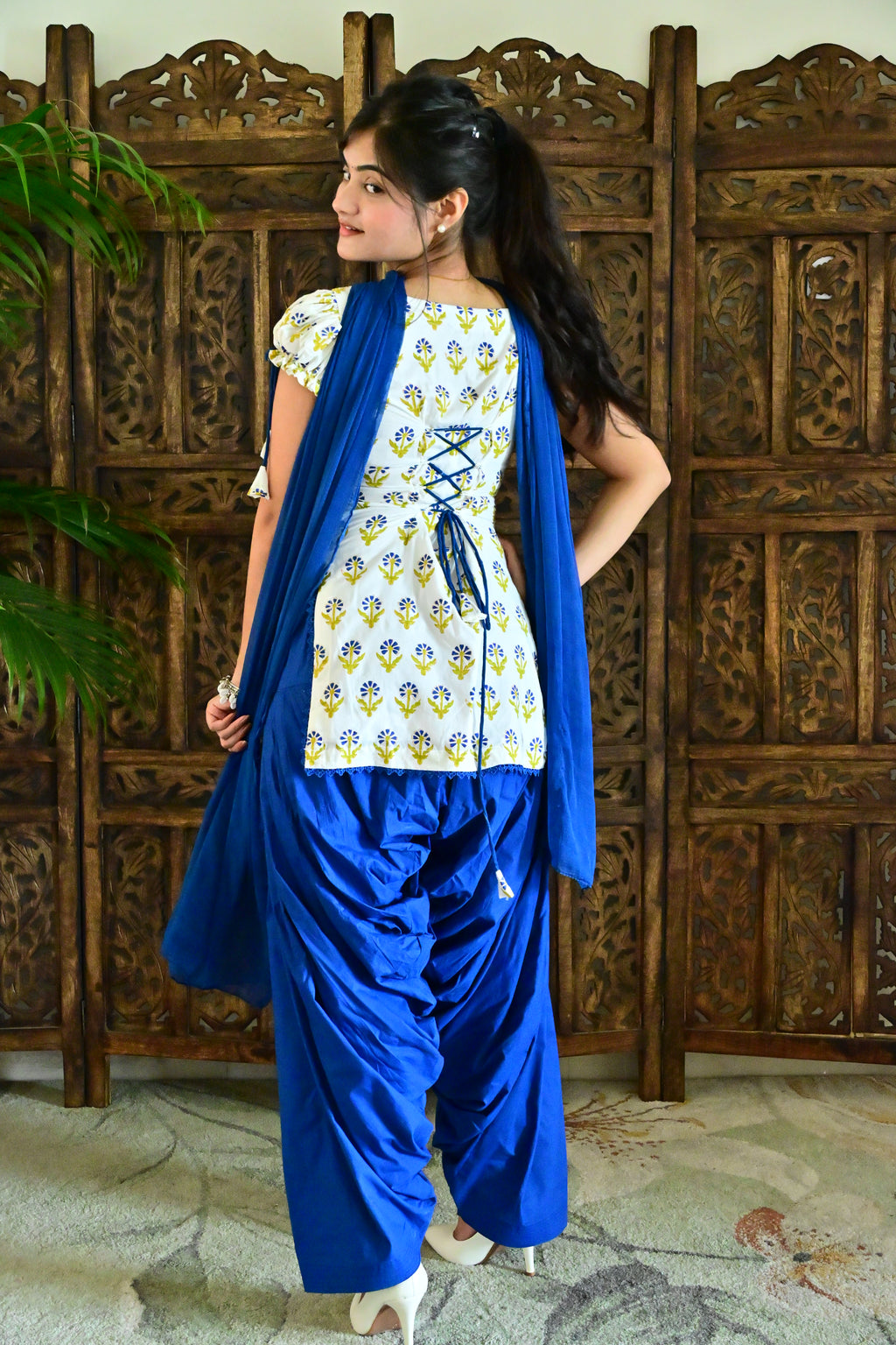 White & Royal Blue Floral Patiala Suit with Dupatta