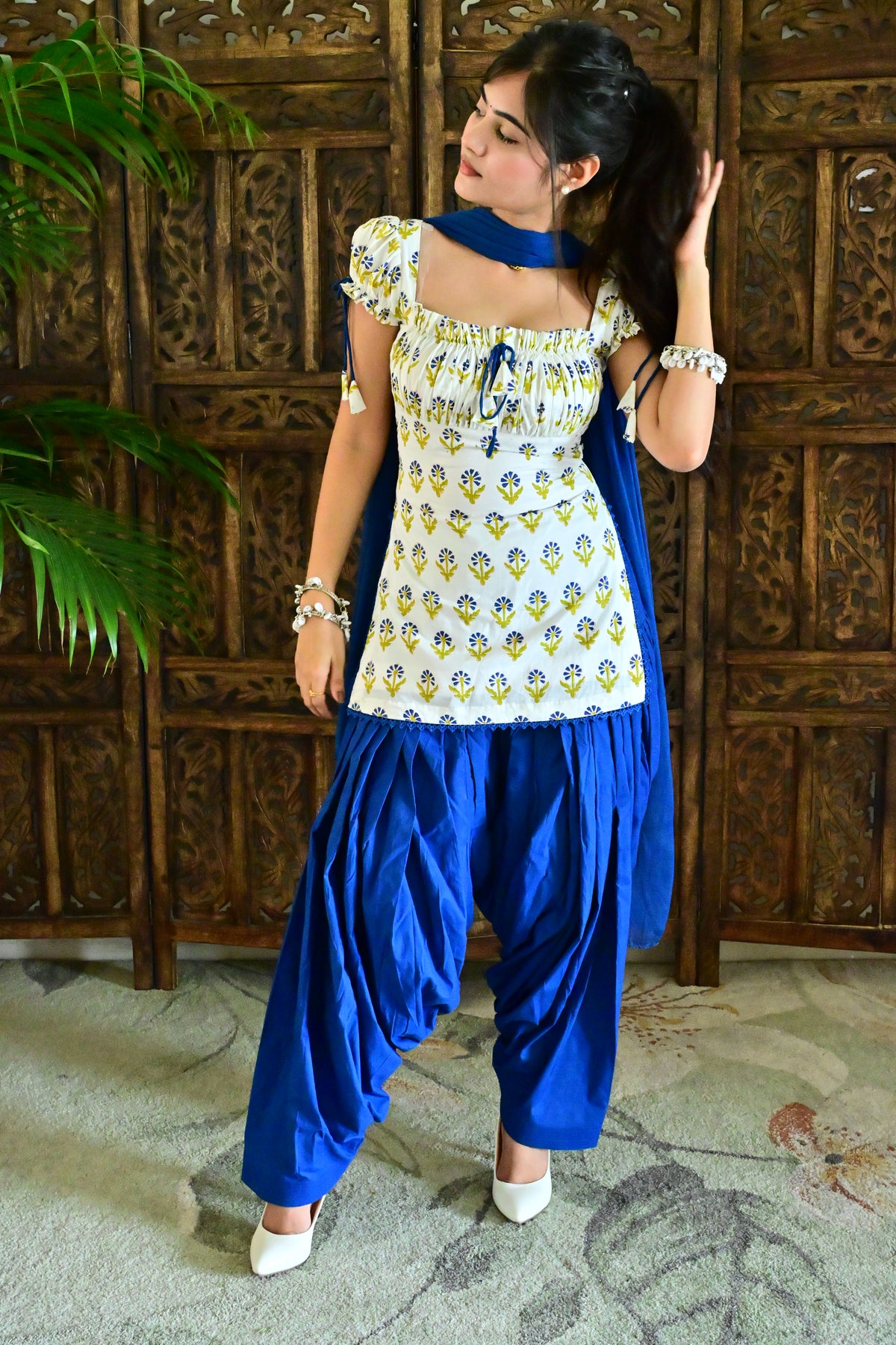 White & Royal Blue Floral Patiala Suit with Dupatta