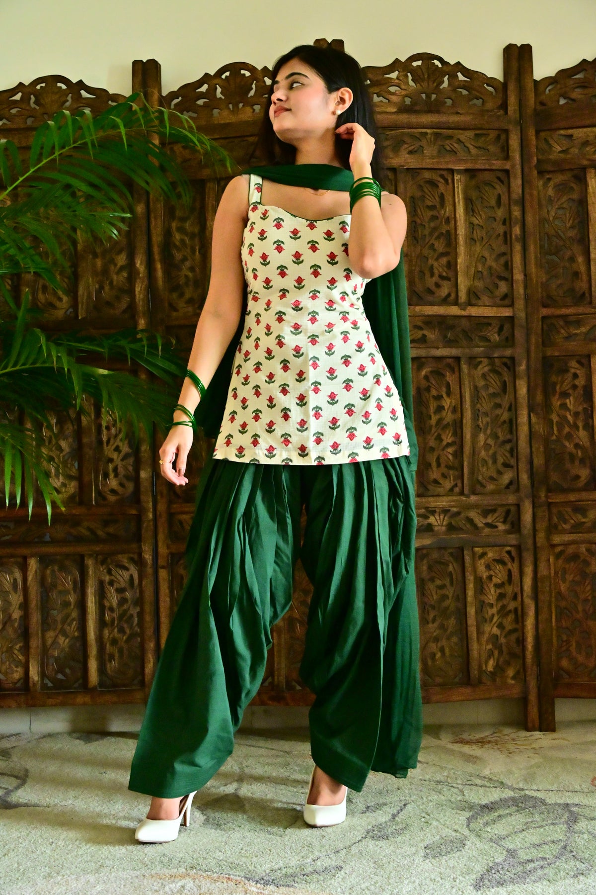 White & Bottle Green Block Print Suit with Dupatta