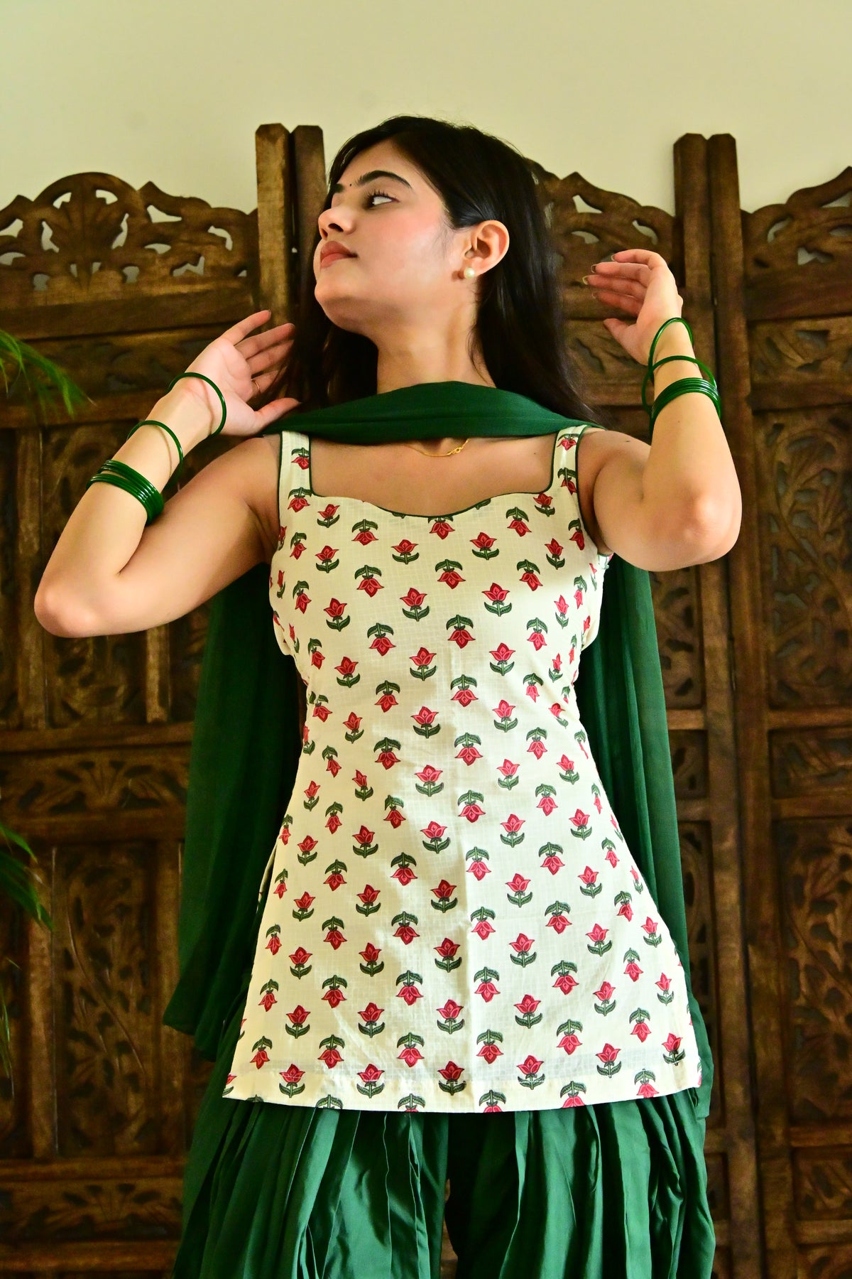 White & Bottle Green Block Print Suit with Dupatta