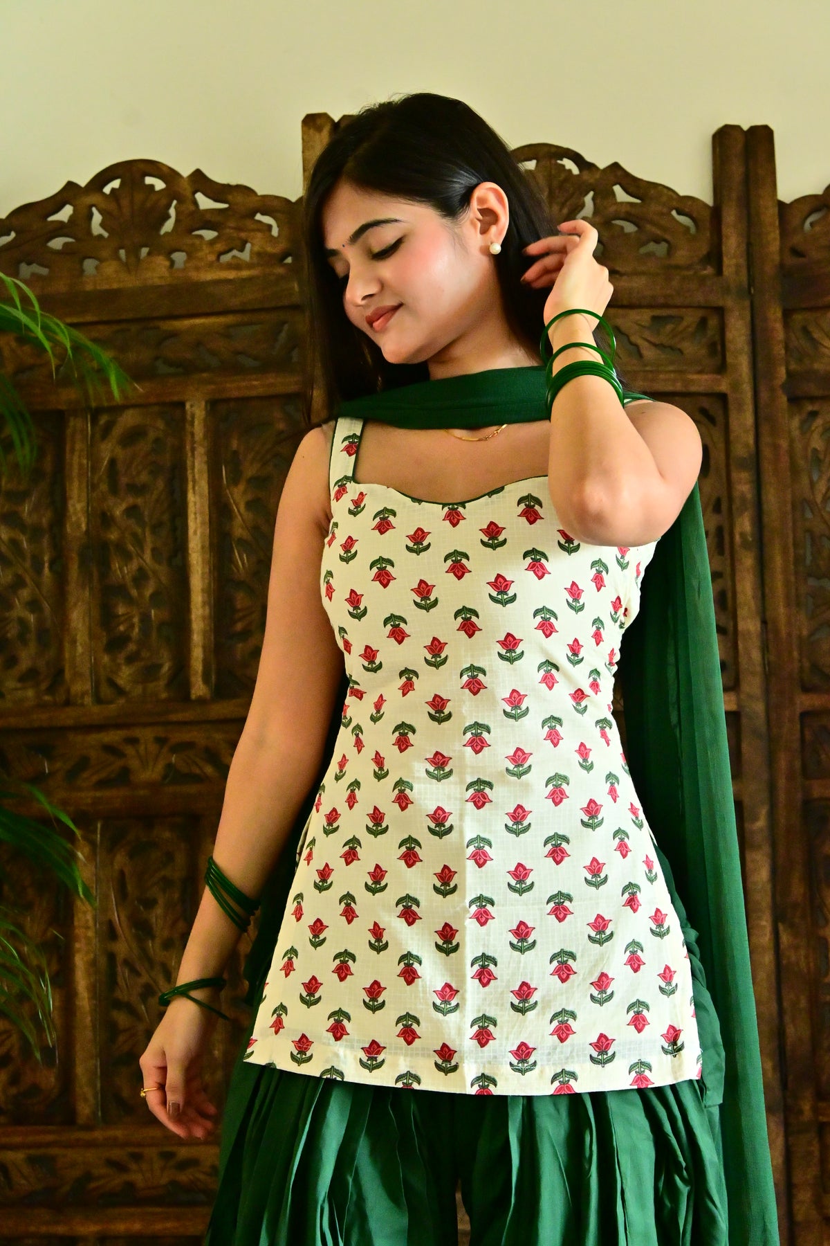 White & Bottle Green Block Print Suit with Dupatta