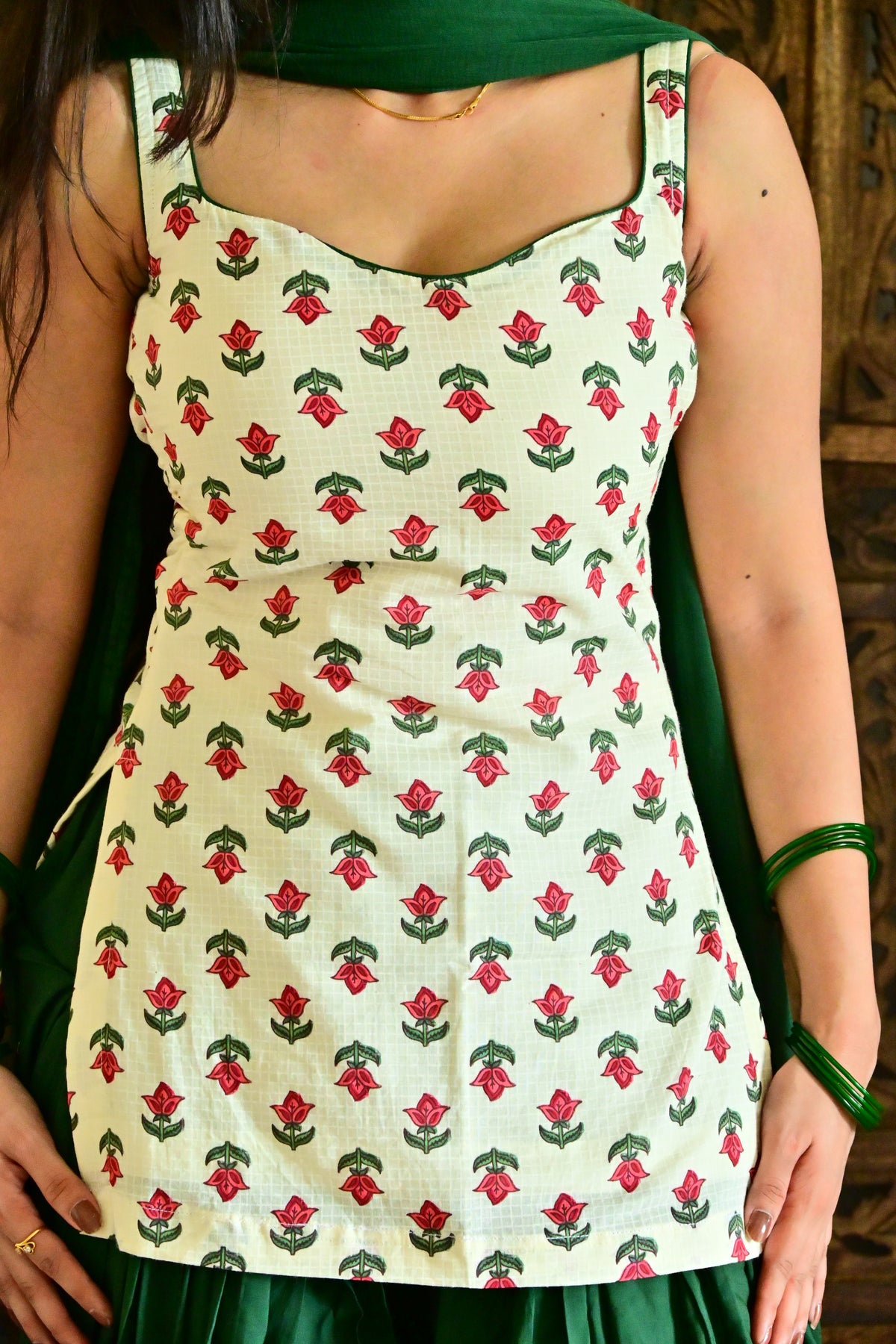 White & Bottle Green Block Print Suit with Dupatta