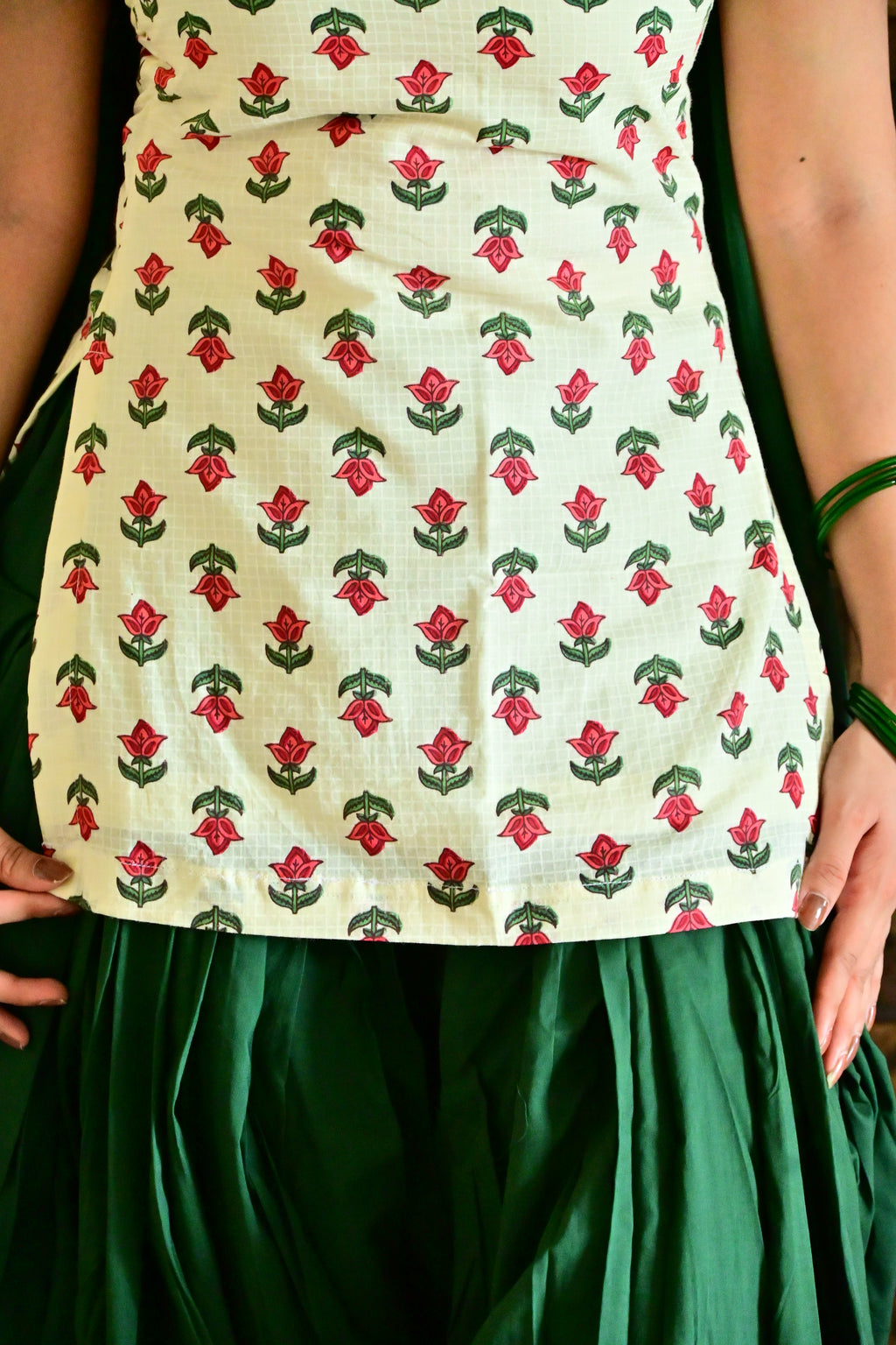 White & Bottle Green Block Print Suit with Dupatta